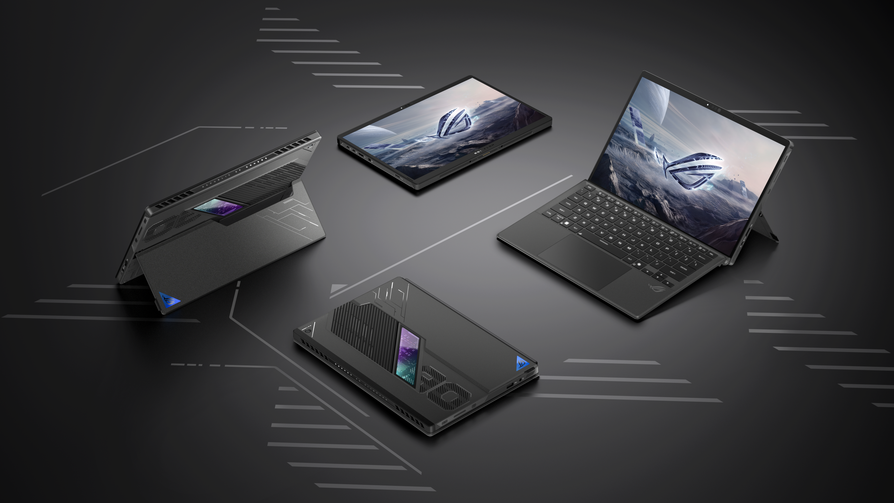 02_Four ROG Flow Z13 displayed in four configurations, tablet, laptop and kickstand modes highlighting its versatile design and futuristic screen